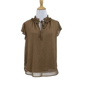 Pleione Blouse Womens XS Extra Small Brown Polka Dot Ruffle Collar Keyhole Lined